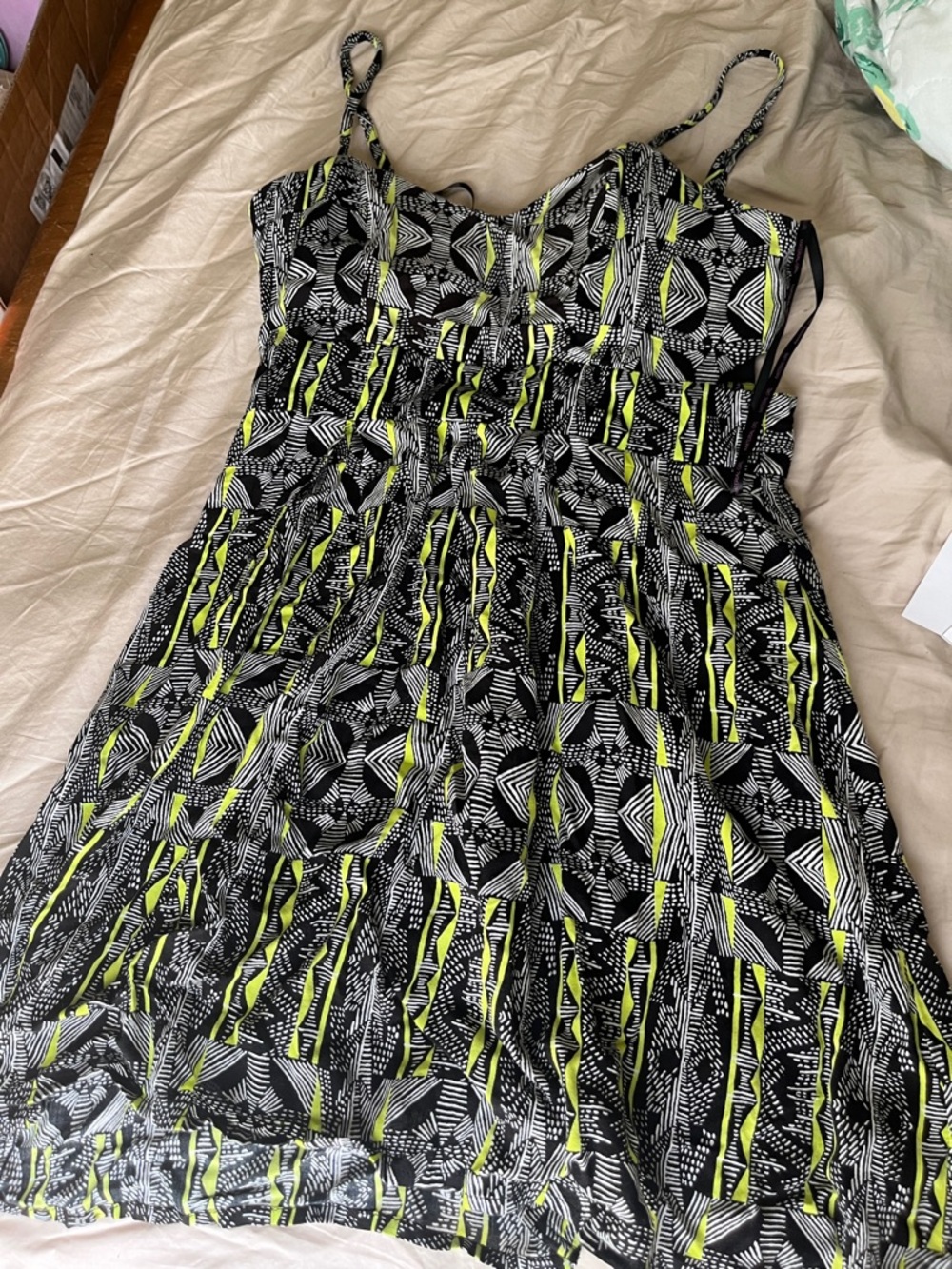 Material Girl Black Dress with Neon Green & White Geometric Trim